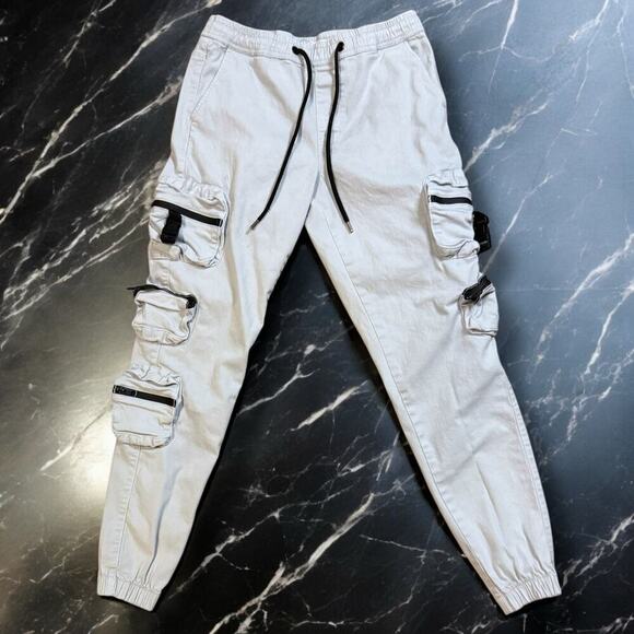 Bloomefield Cargo Joggers Mens Light Grey/Green Stretch Twill Rave Pants Size S